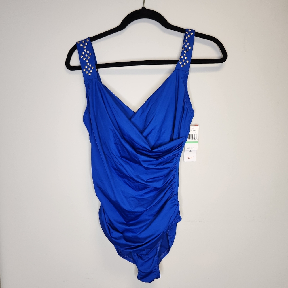 Jantzen Solid Novelty Shoulder Draped Surplice Blue One-Piece Jzss7017 Sz 8 NWT